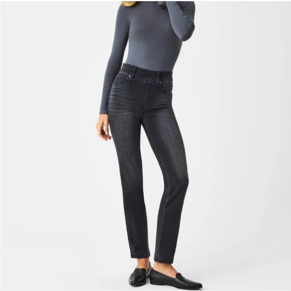 SPANX Women's Charcoal Distressed Pull On Denim Jeans Straight Leg XL